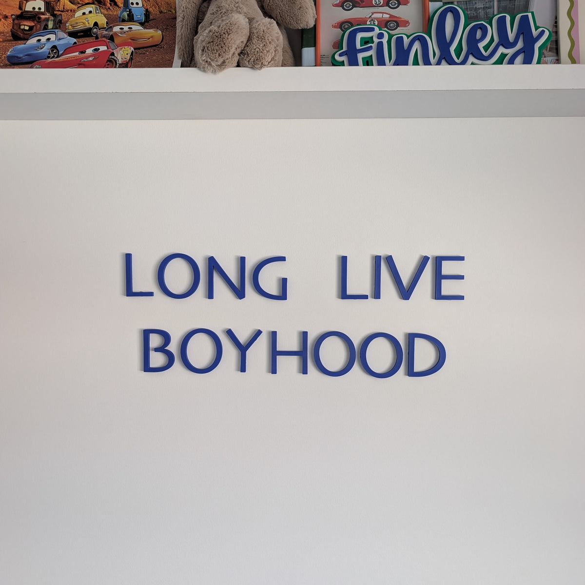 Shelf with toys and a sign reading 'LONG LIVE BOYHOOD' on a white wall.