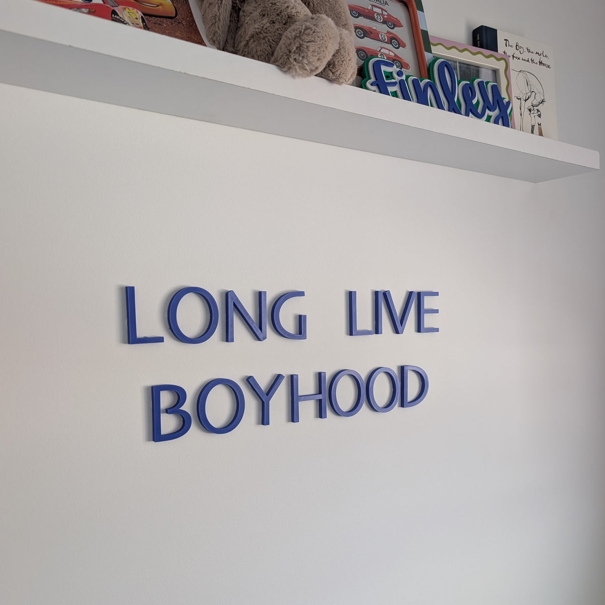 Shelf with toys and a decorative sign reading 'LONG LIVE BOYHOOD' on a white wall.